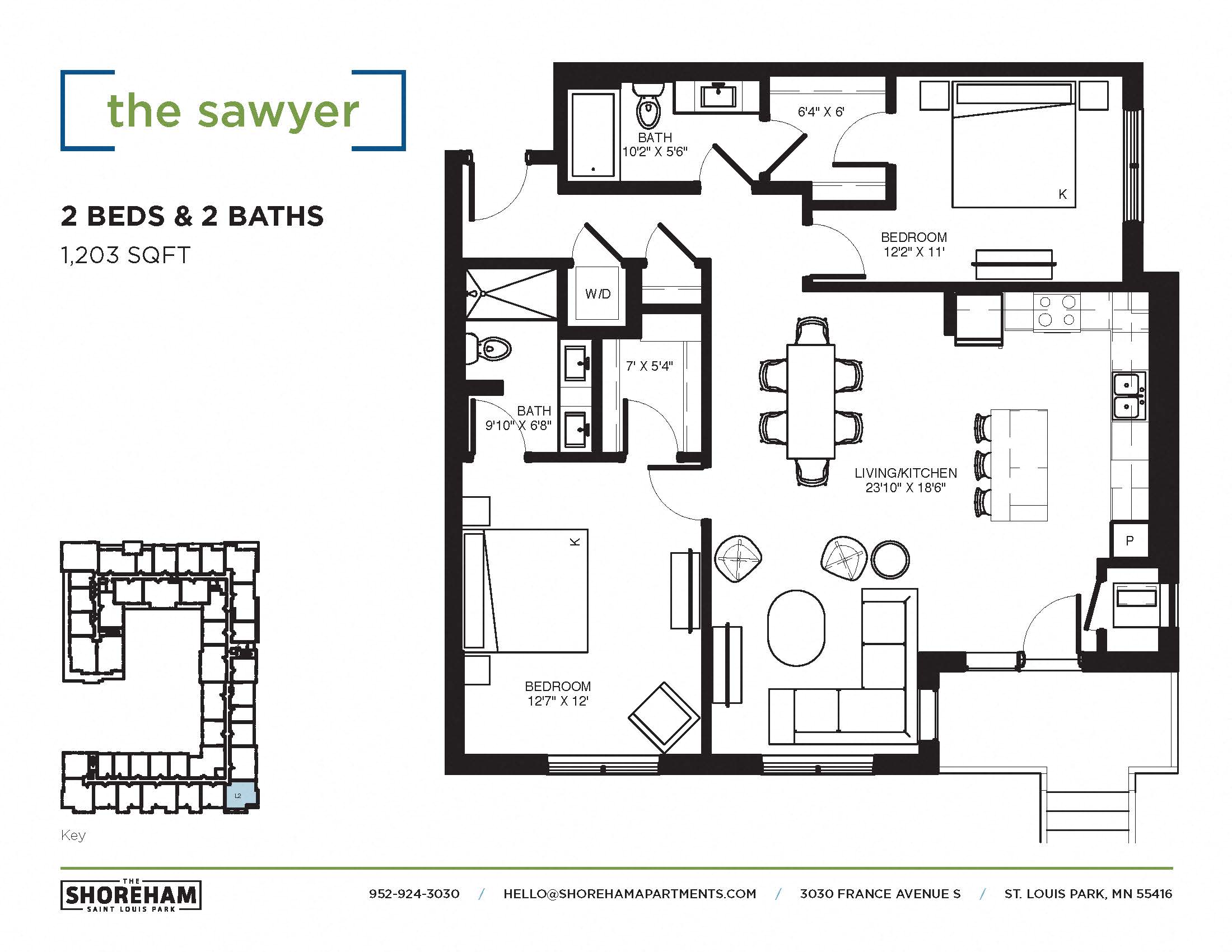 Floor plan for 2 beds, 2 baths, 1203 sqft